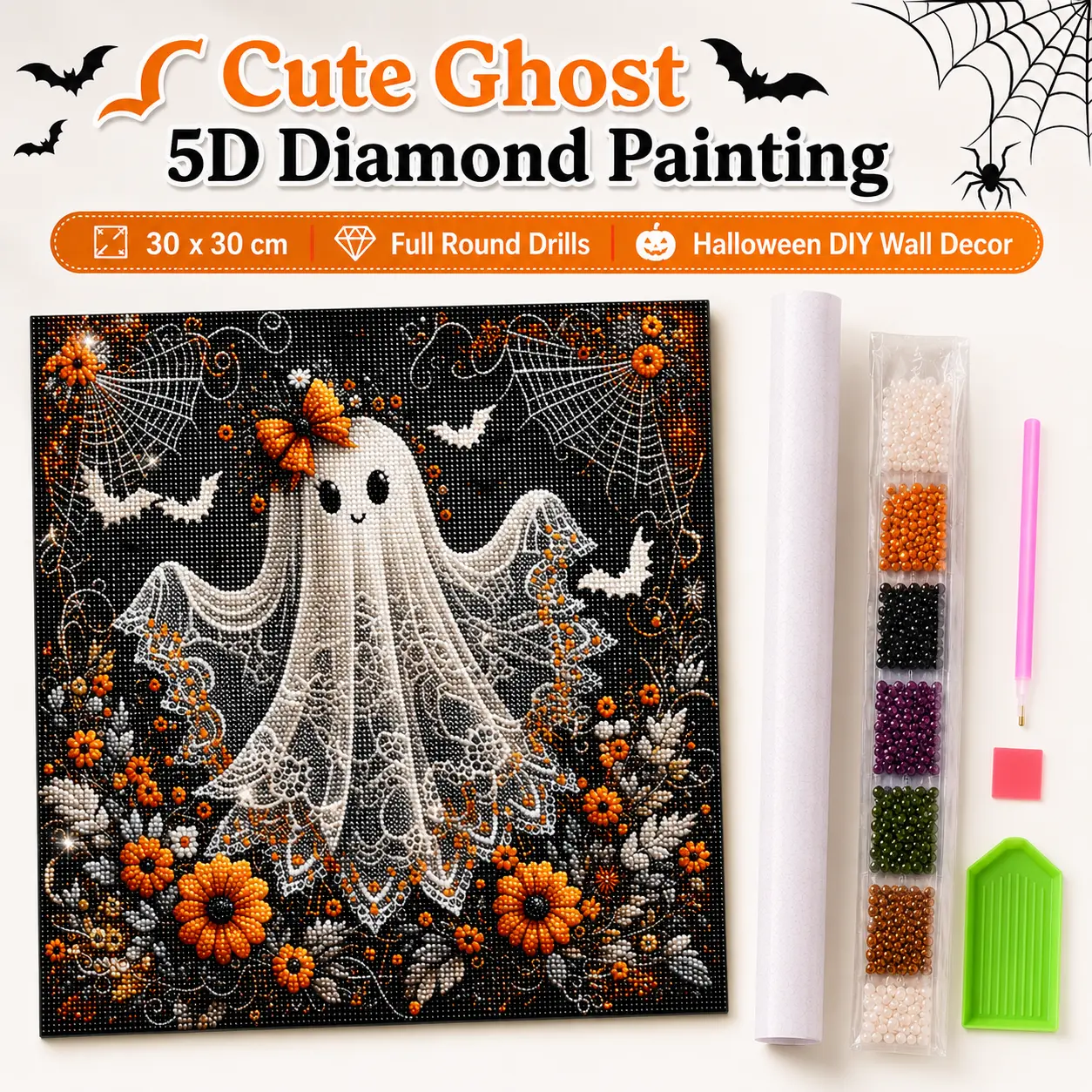 Halloween Cute Ghost 5D Full Round Diamond Painting Canvas, DIY Wall Decor Craft, Ideal Gift for Birthday, Anniversary and Major Holidays