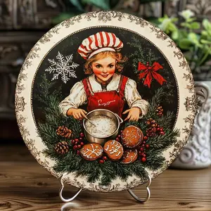 1pc Vintage Gingerbread House Baking Theme Round Aluminum Wall Art Sign - 8x8 Inch Rustic Metal Decor for Home Kitchen Office Christmas Holiday Party Decorations Festive Kitchen Art Gift