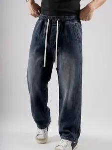 Men's Jeans with Drawstring Waist Design, Regular Fit, Plain Daily Wear Long Pants, Stylish & Comfortable Street Style Bottoms. Size up if you prefer a loose fit.