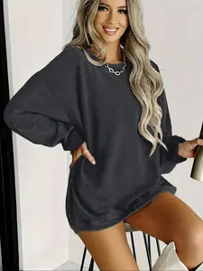 Women's Solid Color Drop Shoulder Sweatshirt, Casual Long Sleeve Round Neck Pullover for Spring & Fall, Ladies Clothes for Daily Wear