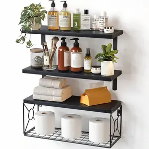 Floating Shelves, Bathroom Shelves Over Toilet, Wall Mounted Floating Shelves With Wire Basket, Wooden, 3 Shelves, 16.5x6x5.5 In