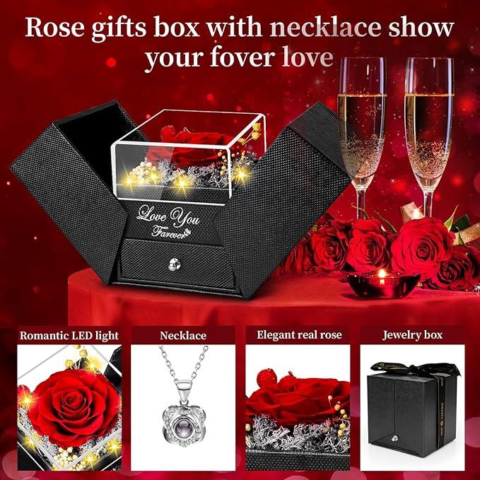 Preserved Real Rose with Projection Necklace  Gift Box Set, for Anniversary Birthday Valentine’s Day Mothers Day Jewelry Set for Women girlfriend