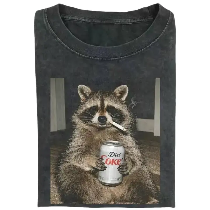 Three Raccoons Diet Coke Smoking T-Shirt with a funny Gen Z dank meme vibe, trendy cotton streetwear top and playful graphic gift for men and women alike.
