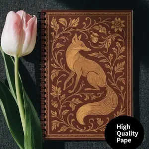1 pc Vintage Art Nouveau Style Gold Fox and Floral Themed Hardcover Spiral Notebook Journal - Elegant Brown Cover, A5 Inches, Creative Gift, Suitable for School and Office Supplies