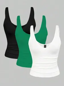 2pcs/Set Fitted Short Leopard Print & Solid Color V-Neck Camisole For Women, Summer