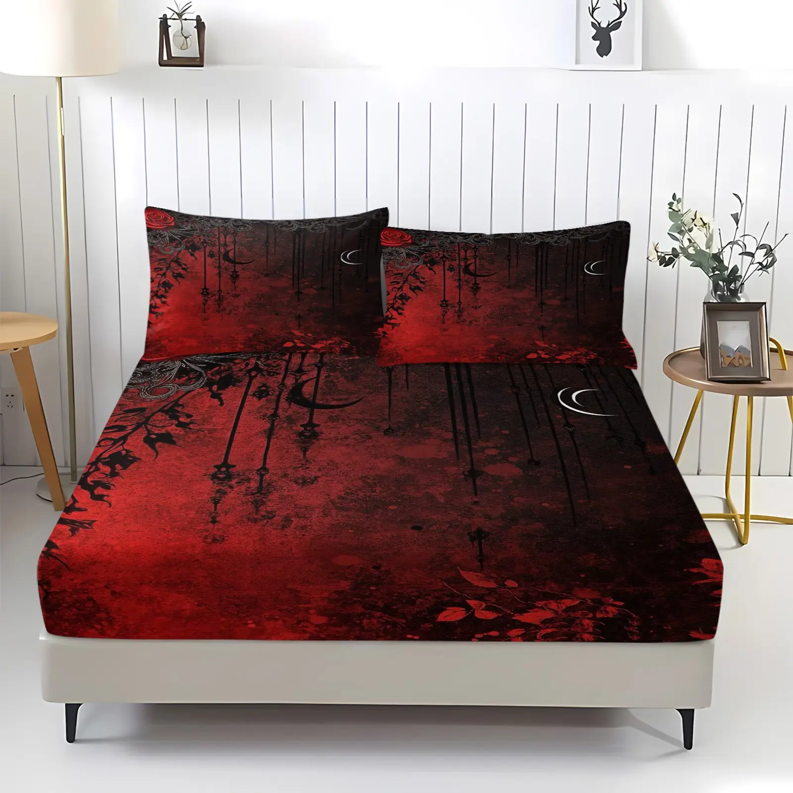 Gothic retro rose red patterned printed bed sheet, Print Bedding, Complete Sheet Set including 1 bed sheet and 2 pillowcases, anti slip dust cover suitable for bedrooms and guest rooms, suitable for personal use or gift giving