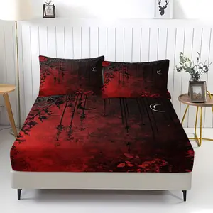 Gothic retro rose red patterned printed bed sheet, including 1 bed sheet and 2 pillowcases, anti slip dust cover suitable for bedrooms and guest rooms, suitable for personal use or gift giving