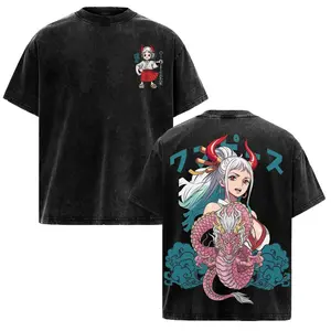 Men's 100% Premium Cotton Washed Vintage Oversized Round Neck Crewneck Anime Tee - 1 Piece Yamato, Oni Princess Kaido's Daughter, Kozuki Oden Inspired Freedom Warrior Graphic Streetwear Short-Sleeve Top, S-3XL