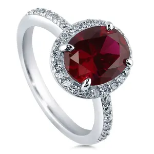 BERRICLE Sterling Silver Halo Engagement Rings for Women, Ruby-Red Oval Cut Cubic Zirconia CZ Ring
