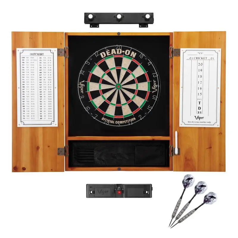 Solid Pine Dartboard Cabinet Set - Classic Game Room Darts Board with Regulation Self-Healing Sisal, 17.75" Dia., Fiber Construction, Bronze Accents, Box Joints, LED Lights & Laser Throw Line