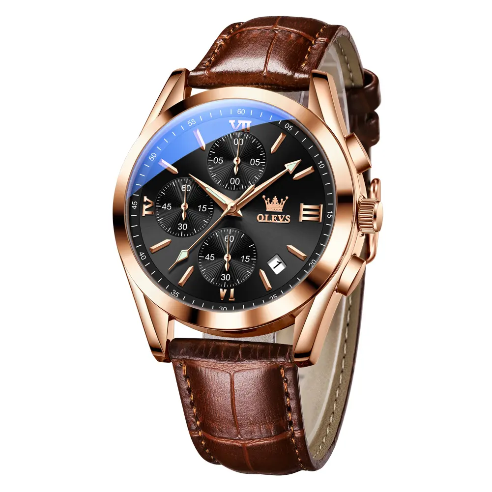 OLEVS Men's Classic Leather Watch, 40mm Rose Gold Chronograph with Luminous Dial, 30m Water Resistant Quartz Wristwatch, Gift for Him, Batteries, Alkaline, 20 - 22Mm, Calendar, 6 Months, 30M - 50M