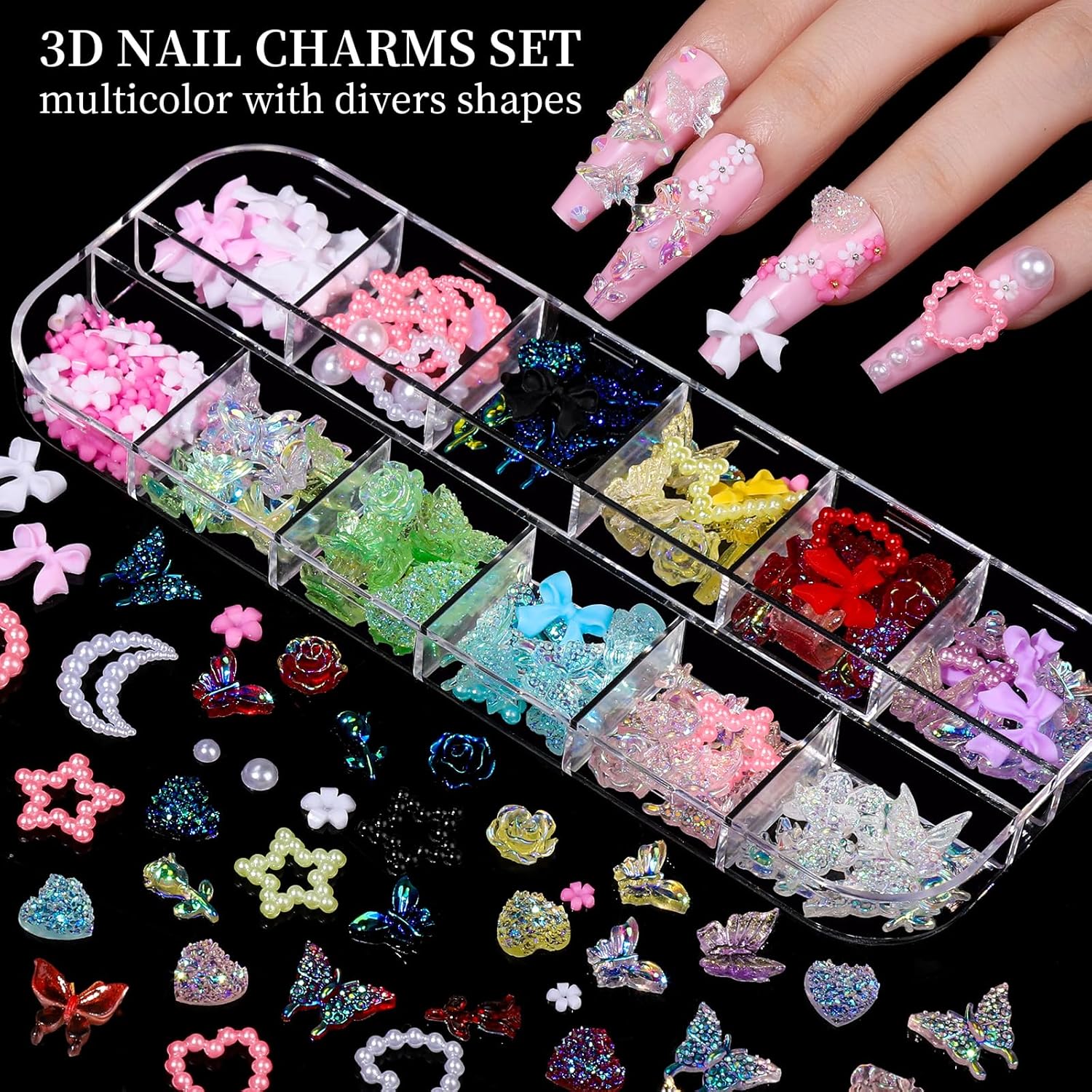 Nail Charms, Nail Rhinestones Kit with 8 Boxes of Nail Gems, 3D Charms for Nails, Colorful Clear Flatback Rhinestones, Multi Shape Pearls Jewels Crystals for Craft, Bedazzling Kit, Nail Supplies
