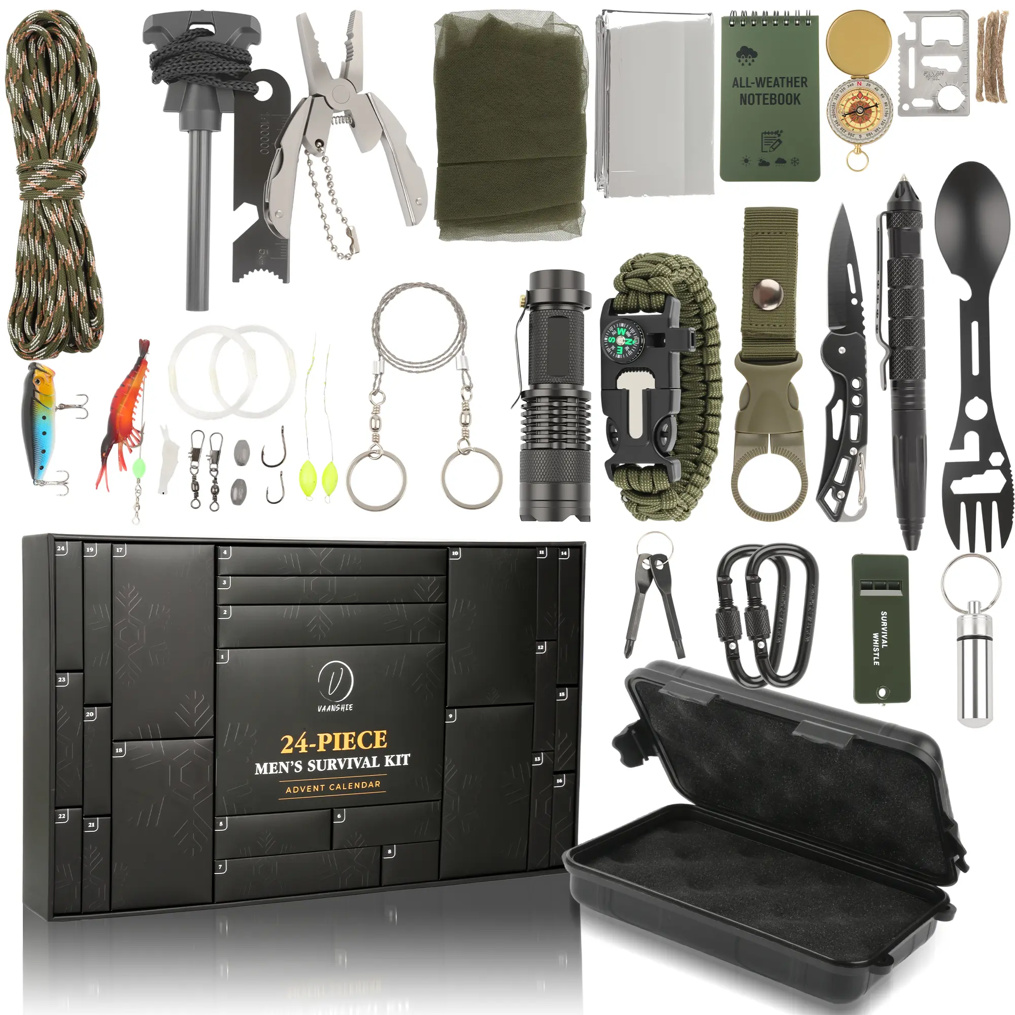 vaanshie Advent Calendar Gifts for Men 2024 – 24 in 1 Survival Gear Set with Camping Accessories, Tactical Gadgets, Emergency Tools, for Husband, Dad, Boyfriend, or Outdoor Enthusiast