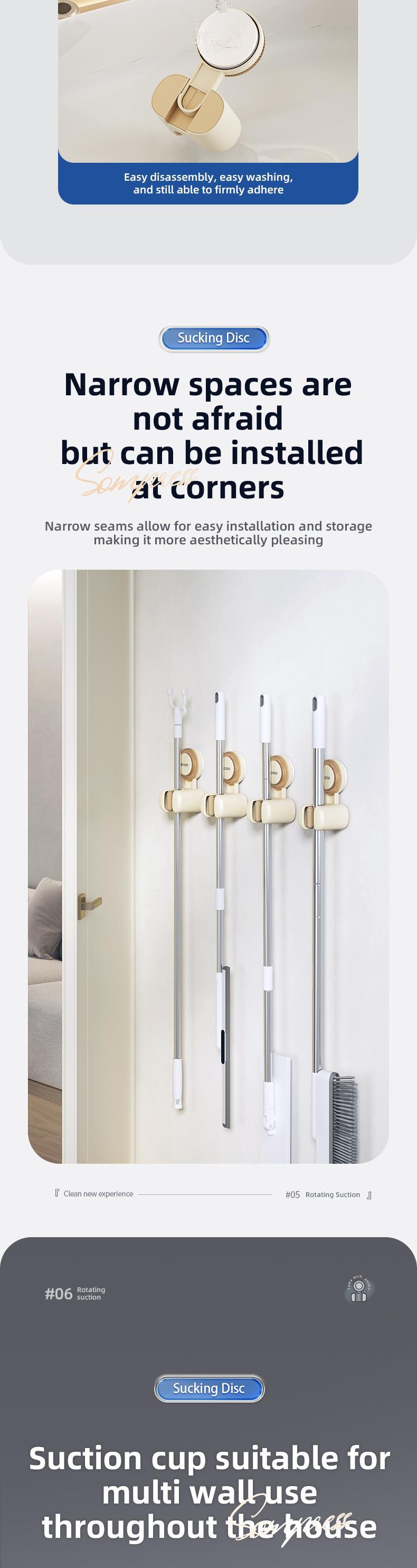 RENEMOS Suction Cup Mop Rack - Versatile Cleaning Tool Organizer for Utility Room & Shower - Non-Slip Grip - Waterproof & Reusable Wall Hanger - Secure Storage for Mop, Broom & Swiffer