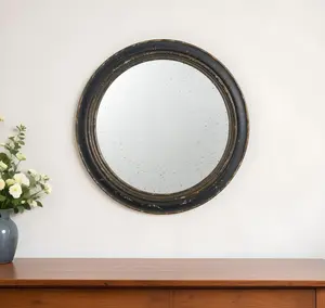 HomeRoots 484986 Vintage 24 in. Dark Brown Distressed Wood Round Framed Glass Accent Mirror, Decor for Lounge, Wall-Mountable