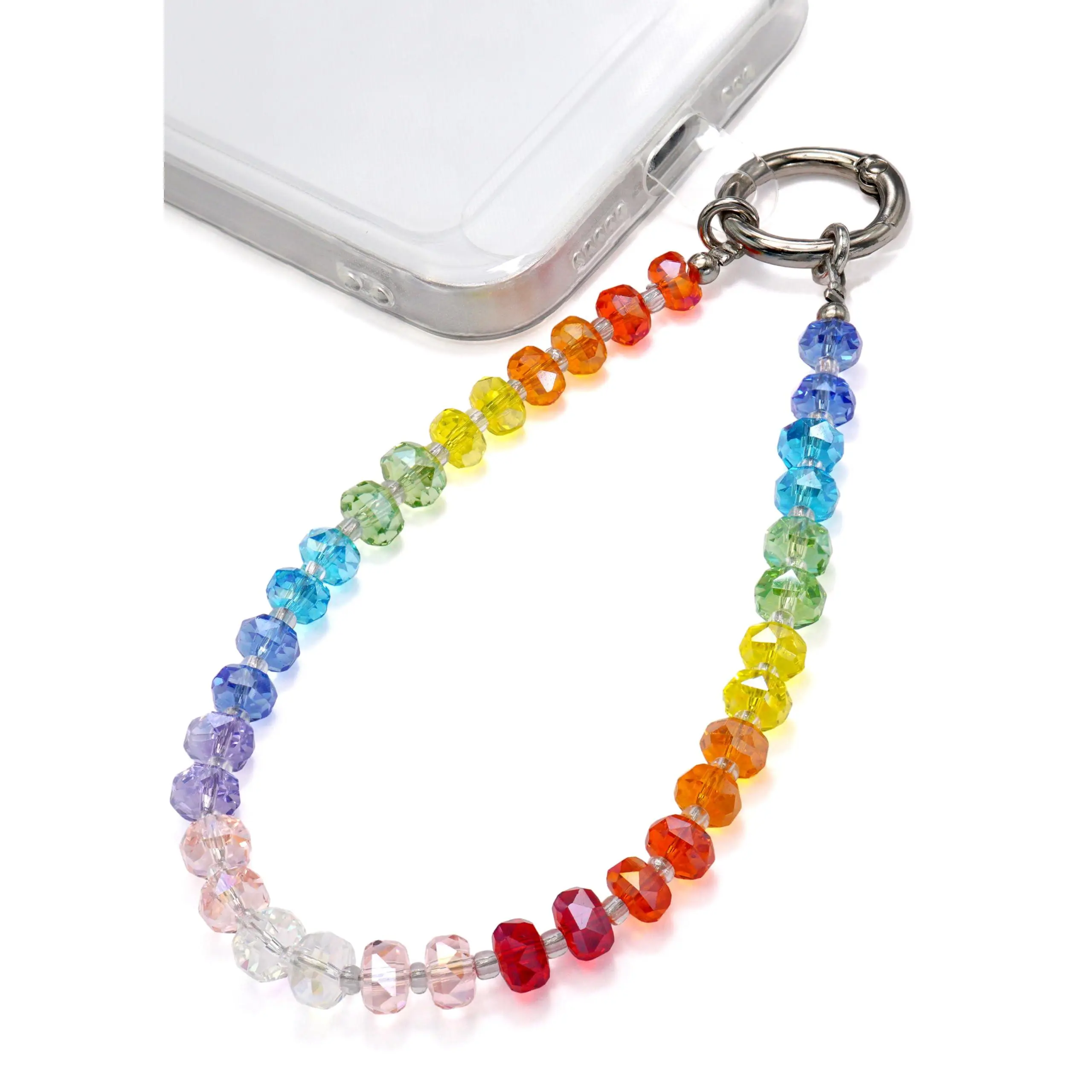TRBR Rainbow Gradient Crystal Phone Charm Wrist Strap, Glass Beaded Lanyard Wristlet Chain, Cute Hands-Free Bracelet Strap for iPhone & More Cell Phone Cases