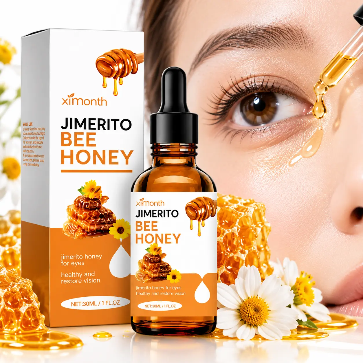 Natural Jimerito Honey Eye Drops - Gentle Daily Moisturizer for Dry Eyes with Dropper, Soothing Relief & Vision Support (1 fl oz), Serum, Hydrating Eye Drops, Eye Serum, Fragrance Free
