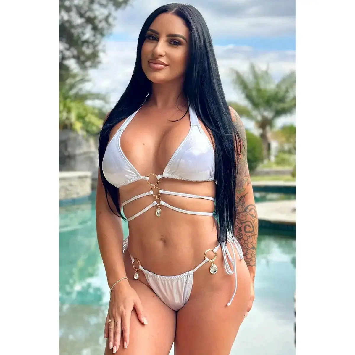 Silver Metallic 3 Straps Dangling Rhinestone Gem Sexy 2Pc Swimsuit Bikini