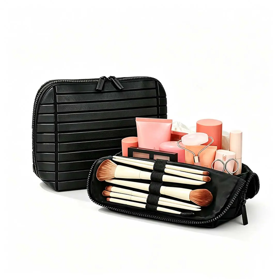 Women's Plaid Foldable Waterproof Large-Capacity Compartmentalized Makeup Bag - Open-Top Stylish Travel Organizer, Handheld Cosmetic Pouch, Skincare Storage Pouch, Portable Striped Leather Design
