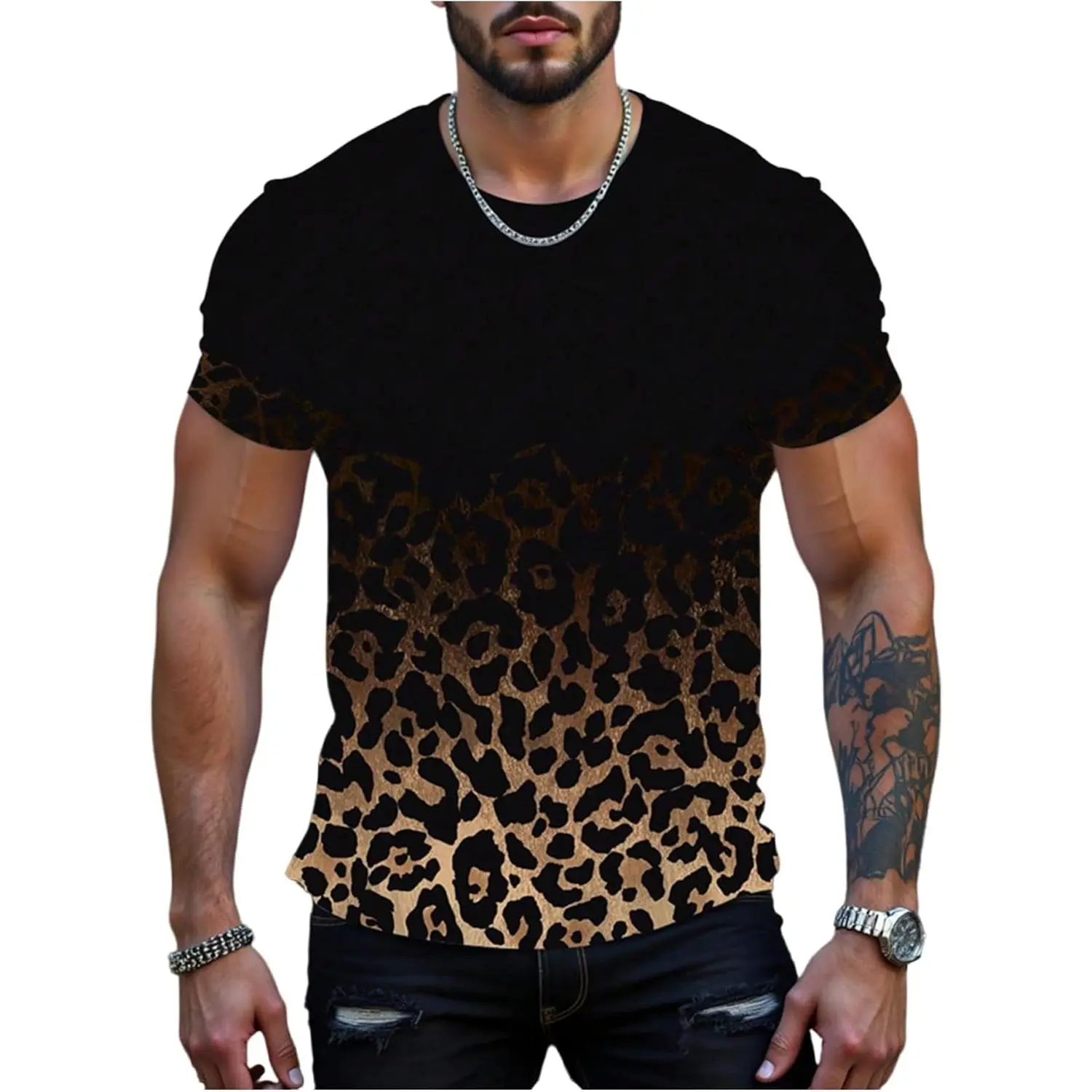 Men's Leopard Ombre Summer Tops Crew Neck Short Sleeve Graphic Tees Vintage T Shirt Trendy