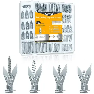Home FurnishingsKURUI 180Pcs Heavy Duty Metal Drywall Anchors And Screws Kit, Easy Self Drilling, Durable & Renter Friendly, Silver Anchors For Sheetrock,Hollow Wall, Hanging Shelves,Mirrors,Wall Decor,Pictures