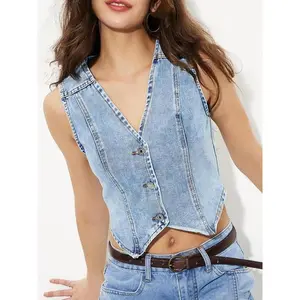 Women's Plain Button Fly Denim Vest Casual V Neck Sleeveless Tank Top for Spring Fall Ladies Daily Wear Durable Denim Fabric