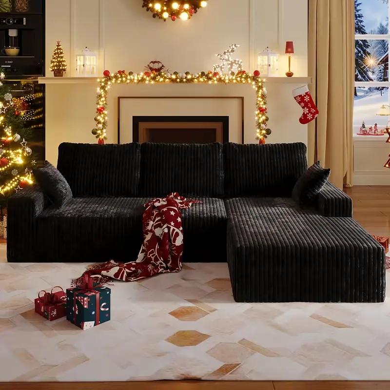 107-in Boneless Upholstered Cozy Sofa - Oversized L-Shaped 3-Seater Modular Sleeper Sectional with Soft Corduroy Chenille, Deep Seat Chaise, No-Assembly Living Room Furniture