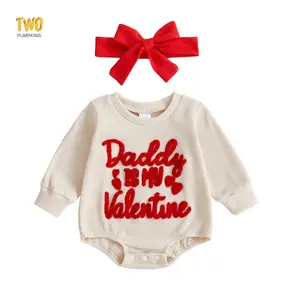 2Pcs Infant Girl Valentine's Outfit Long Sleeve Crew Neck Letters Embroidery Bubble Romper and Headband Set
