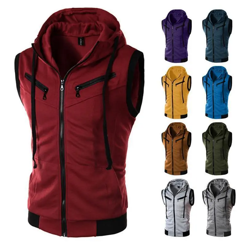 Men's Hooded Sleeveless Vest Solid Color Casual Slim Fit