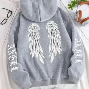 Angel Wings Women's Casual Hoodie with Wings Design, Loose Fit, Comfortable Sweatshirt, Gray Color, Classic Style, Womenswear