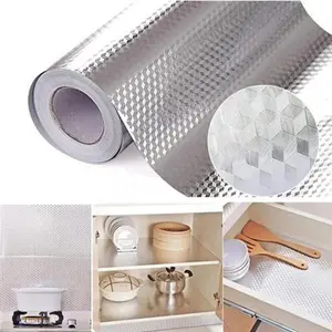 Kitchen Wallpaper Oil Proof Sticker Backsplash Aluminum Foil Self-Adhesive Contact Paper Cabinet Liner Waterproof Heat Resistant Peel Stick Wallpaper 15.7X118 Inches Cube Texture Silver Non-Woven