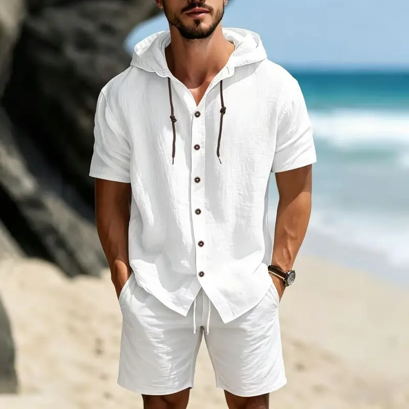 Men's Linen 2 Piece Set with Hood | Casual Short Sleeve Button Down Shirt & Drawstring Shorts Summer Outfit