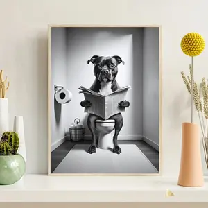 Staffordshire bull terrier in the bathroom-12x16 "frameless canvas art, whirky Pet & animal wall decor for home, office, and cafe, pet store art, bathroom decor, dog art, perfect for room decor