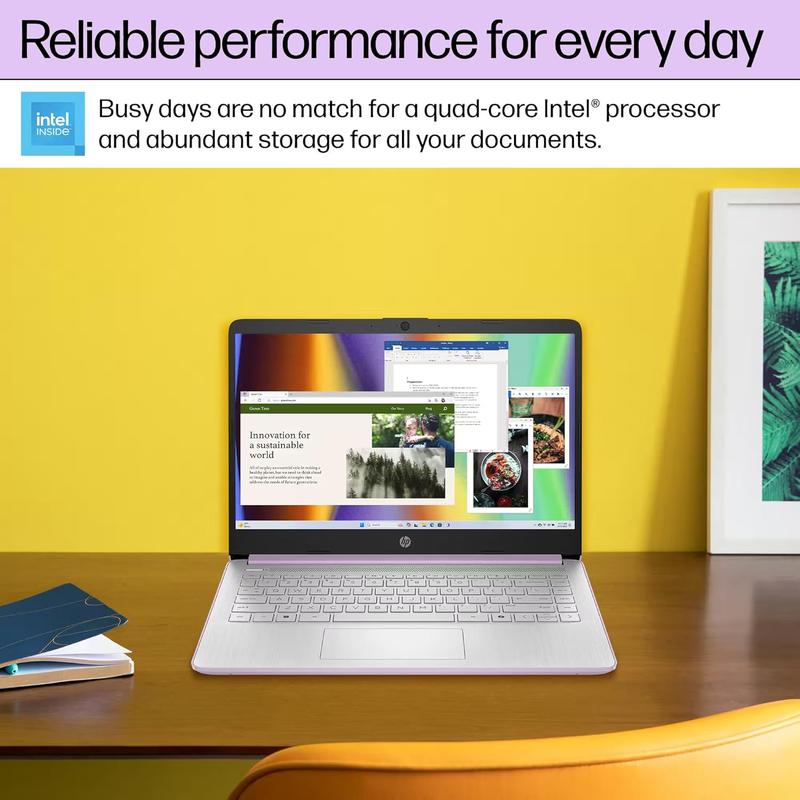 HP 14 Laptop Student Business 2026 Flagship Computer, AI Copilot, 4-Core 13th Gen Intel CPU, UP TO 16GB RAM 128GB UFS 1-Yr Office 365 Long Battery Win 11S Lavender