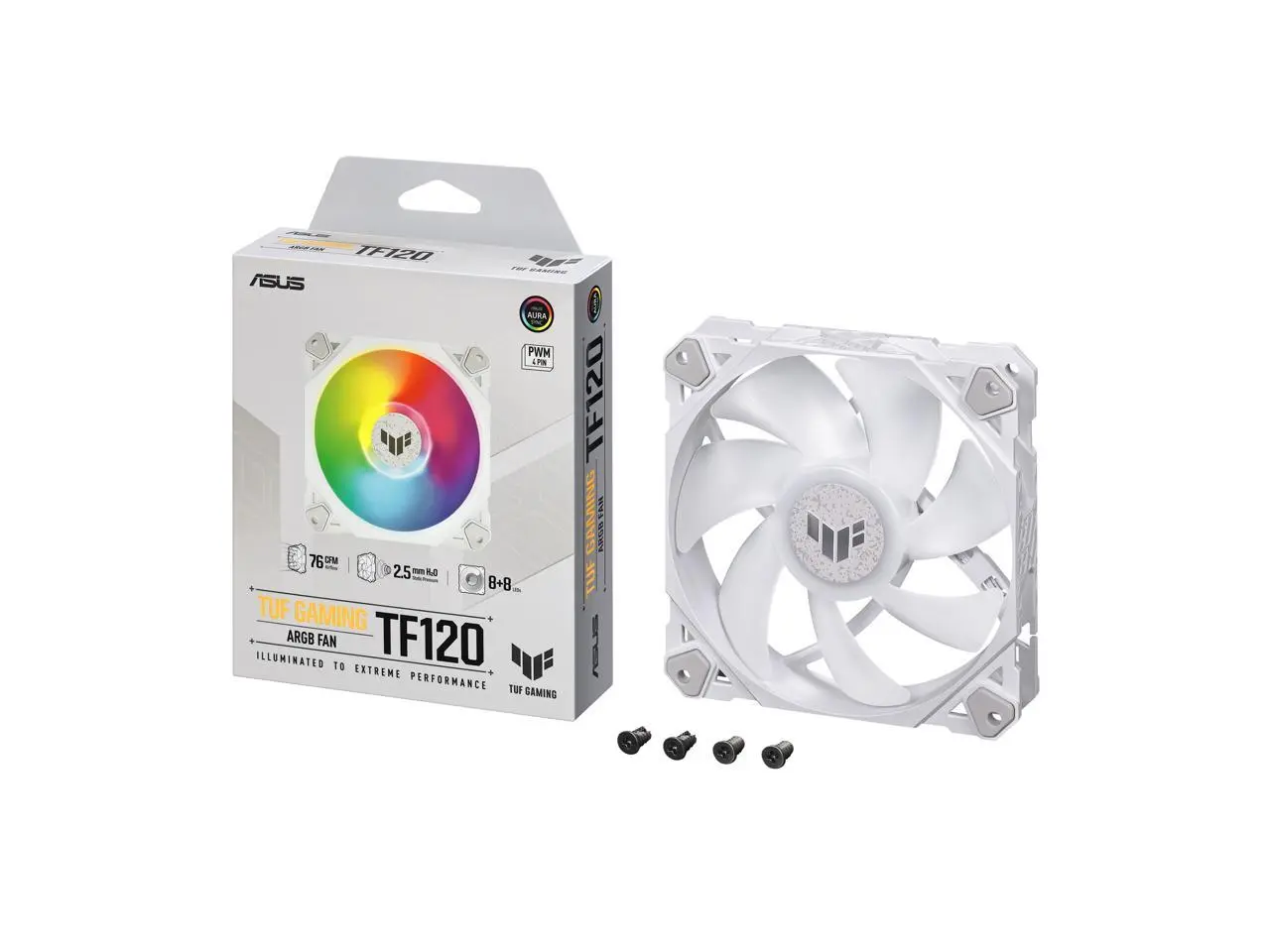 ASUS TUF GAMING TF120 ARGB WHITE EDITION Chassis Fan 3-Pin Customizable LEDs Blade, Advanced Fluid Dynamic Bearing,120mm PWM Control, Anti-vibration Pads, Double-layer LED Array for Computer Case