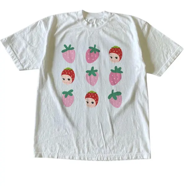 Kawaii Pastel Strawberry Character Graphic Tshirt - Soft Cotton, Short Sleeve, Crewneck, Summer Casual Womenswear Top