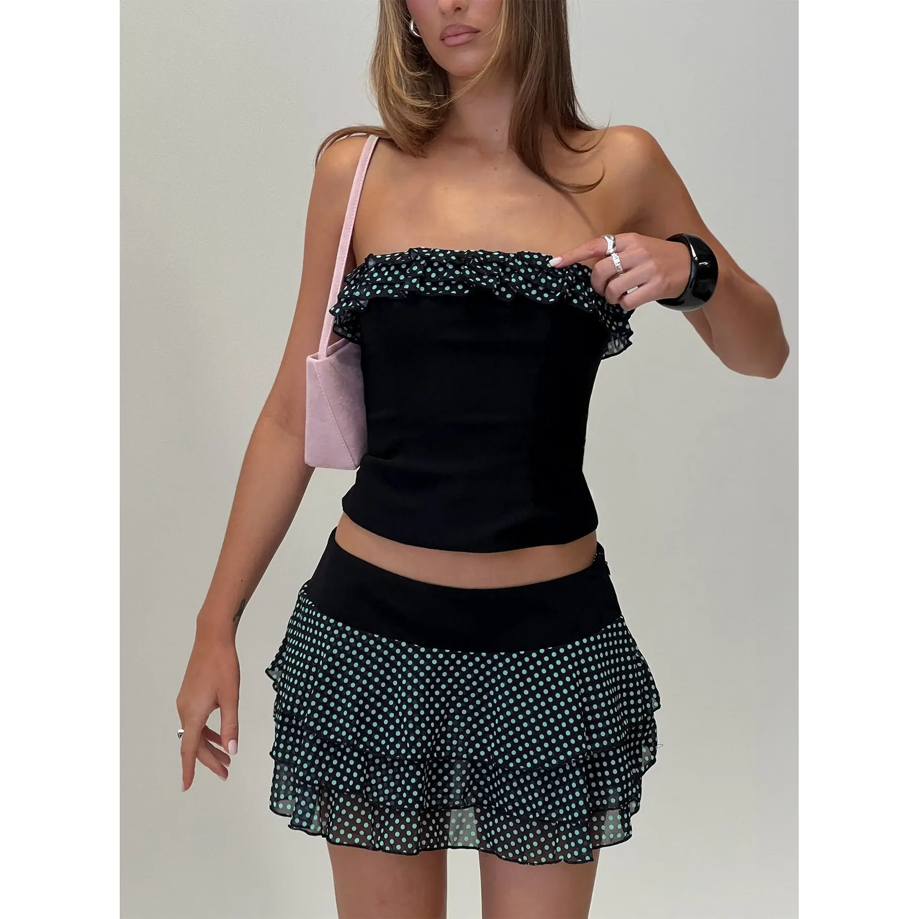 Attilia Frill Detail Strapless Top Black Polka Dot
