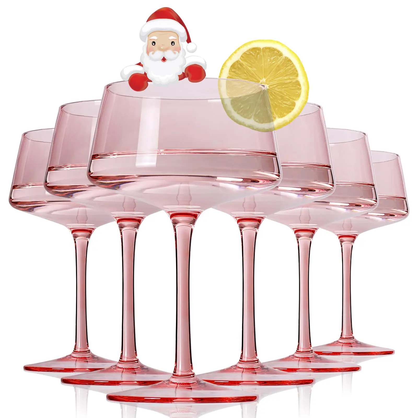 Pink Martini Glasses Set of 6, Hand Blown Colorful Cocktail Glasses 13Oz, Premium Crystal Coupe Glasses - Drinkware