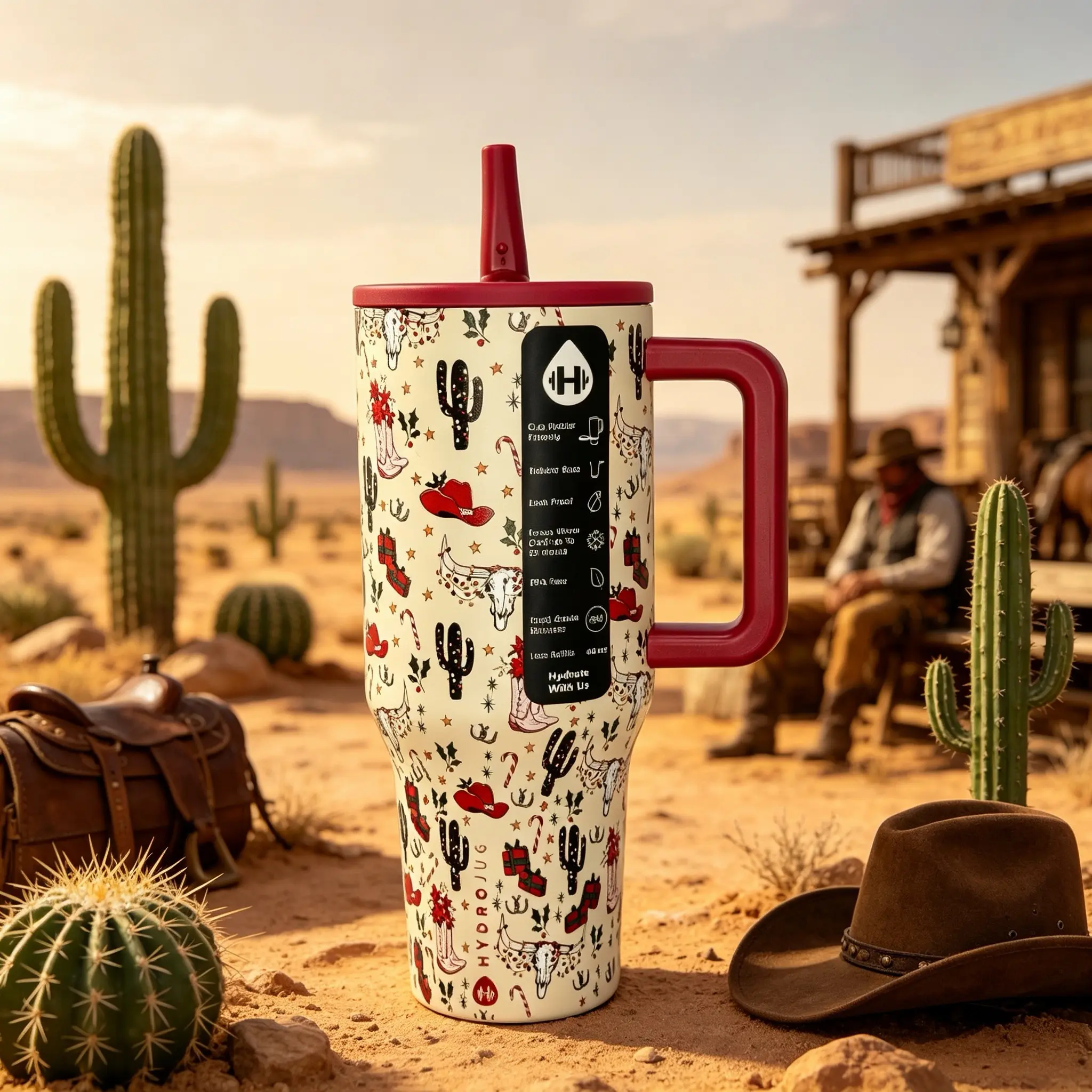 HydroJug 40oz Insulated Stainless Steel Flask Tumbler - Stylish Western Christmas Cowboy Cactus Print, Handle, Straw, Leak-Proof, Cup Holder Friendly, 24H Cold Retention, Flasks