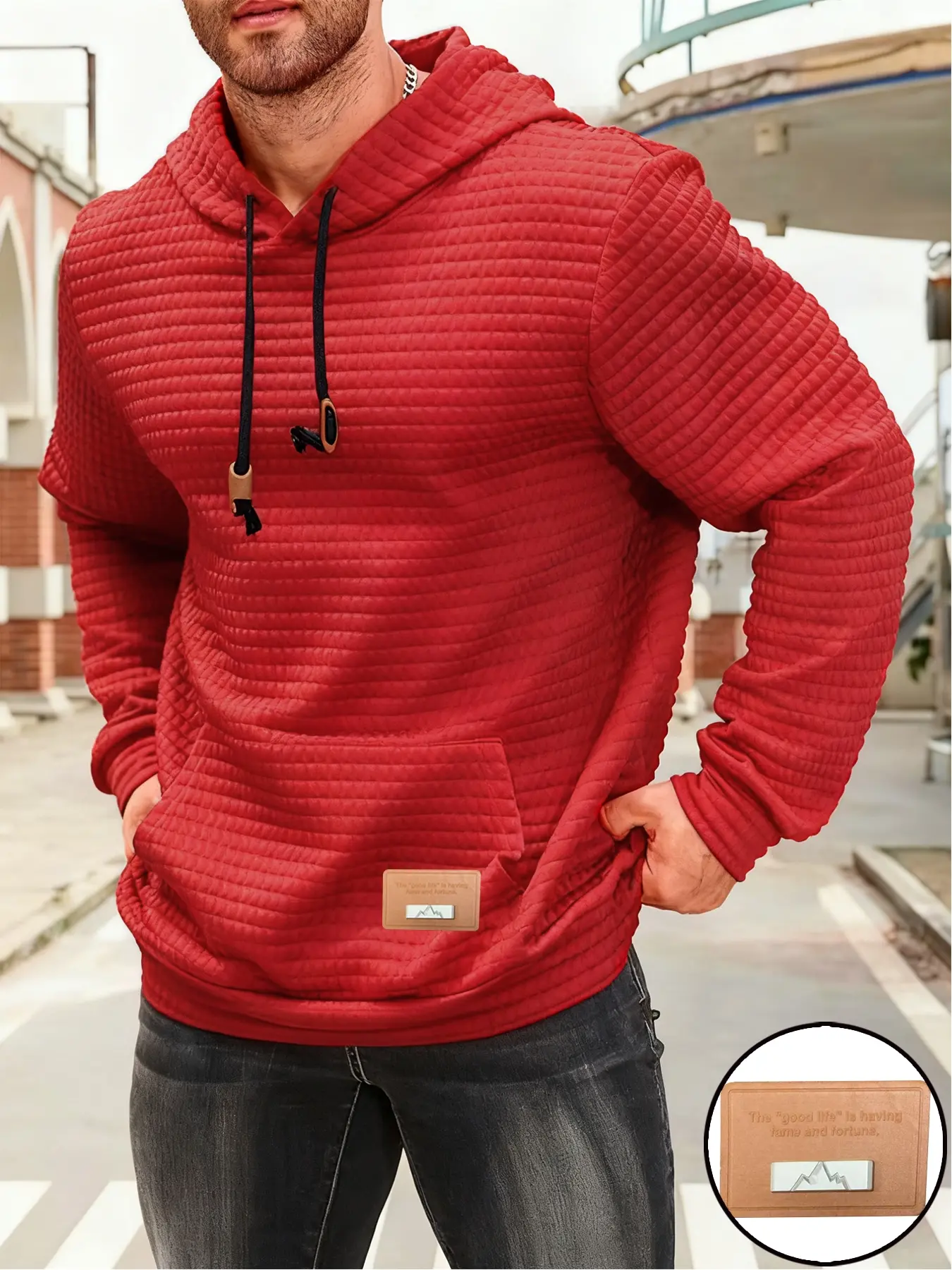Men's Letter Print Hoodie, Menswear Casual Long Sleeve Waffle Design, Waffle Texture Hoodie, Comfortable Lightweight Fall & Winter Clothing, Daily Wear, Sweatshirts, Fashion Casual Clothing