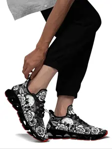 Men's Fashionable Floral Skull Print Lace Up Sneakers, Casual Comfortable Breathable Blade Sole Sports Running Shoes, Male All-match Round Toe Shoes for Daily Wear