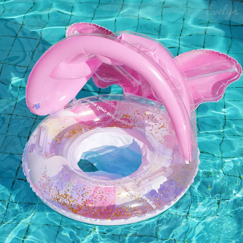 0-4 years old Baby Inflatable Mermaid Tail Swim Seat Float, Sun Shade Canopy Butterfly Print Pool Ring, Anti-Slip Waist Leak Proof Infant Water Floating Toy For Summer Pool Beach