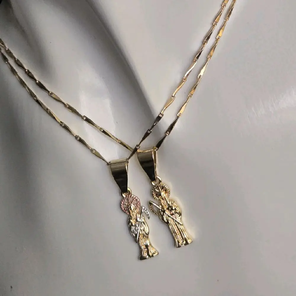 14K Gold-Plated Necklace Chain with Santa Muerte Gothic Charm, 1.5mm Thick 16" Long, 3-Tone Gold Chain Jewelry Necklaces for Daily Wear