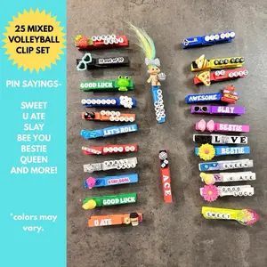 25 Mixed backpack volleyball clip bundle - Handmade Wooden Clothes Pins perfect for clipping backpack at your next tournament , game or practice .