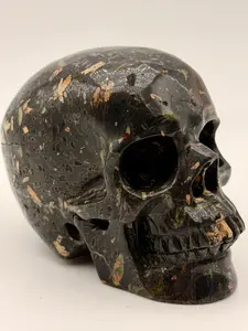 Natural Crystal Decoration - Black Agate and Unakite Crystal Skull, 5 x 4 in, Alchemical Piece for Transformation, Wisdom, Grounding