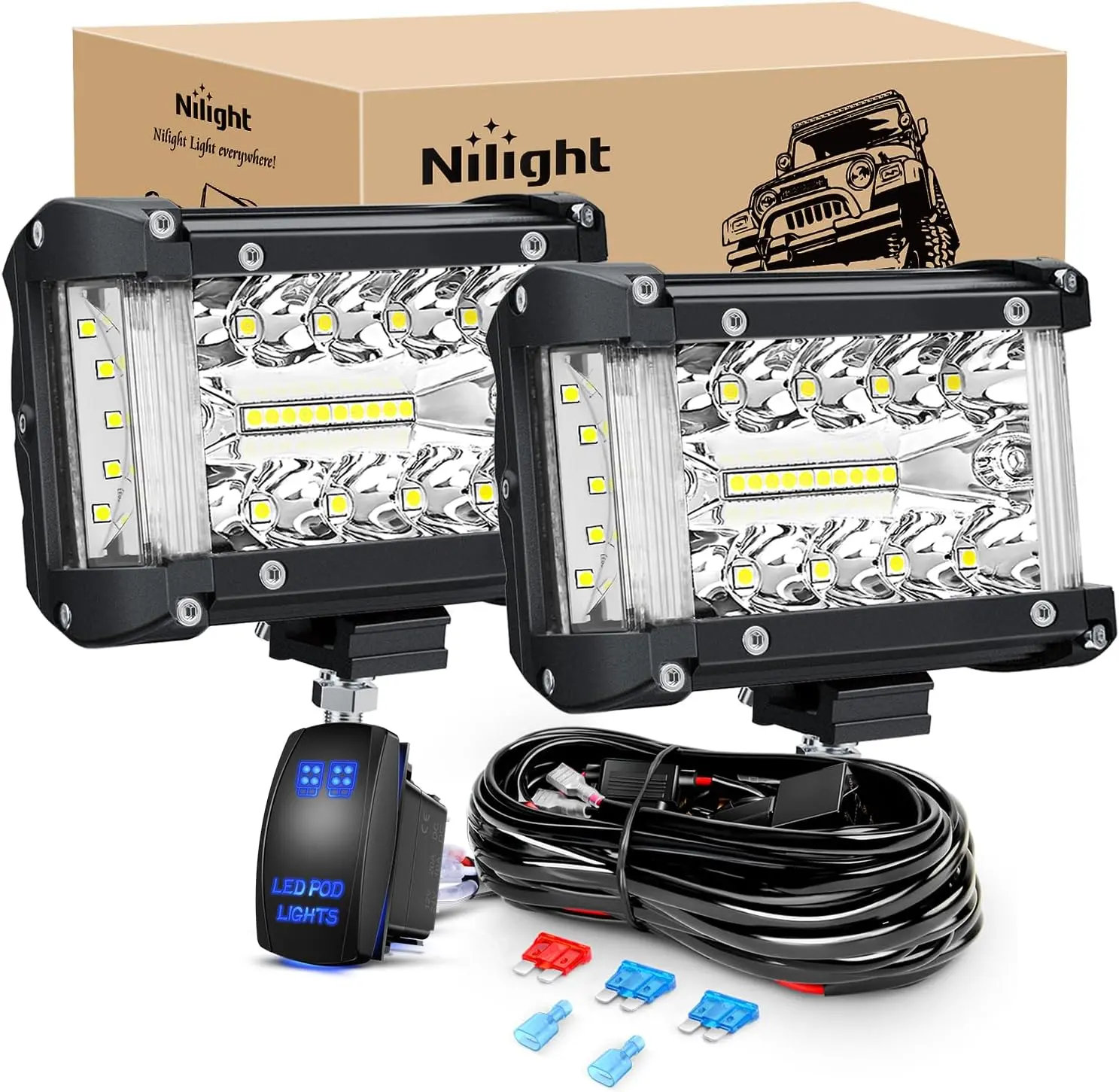 Nilight 2PCS 4.3in Triple Row LED Side Shooter Light Bars - Off-Road Fog/Side Lamps, 5-Pin Rocker Switch Wiring Harness Kit, Flush Mount Carlights for Trucks, Tractors (Light Bar Car, LED Unit)