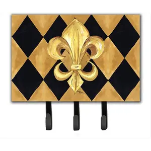 212 MAIN Metal Wall Mount Key Hanger Room Decor - 6x9 In. Black and Gold Fleur de Lis New Orleans Triple Hooks for Key, Leash Hold and Storage