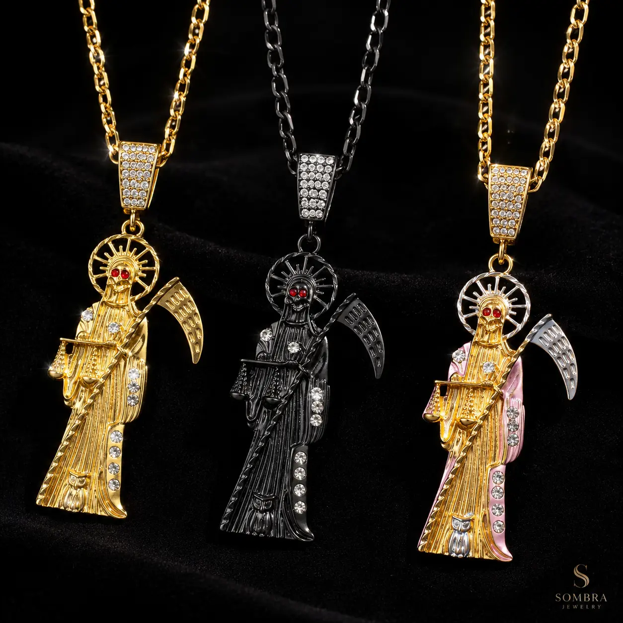 Iced Out Santa Muerte Pendant Cuban Necklace - Protective Religious-Themed Talisman, Unisex Hip Hop Streetwear Gift, Gothic Mexican Motif Chain Jewelry for Women, Gothic Necklaces, Religious-Themed Necklaces