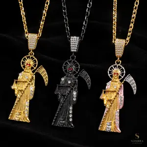 Santa Muerte Pendant Necklace - Iced Out Gothic Charm with Cuban Link Chain, Protective Talisman, Unisex Hip Hop Streetwear Gift, Mexican Themed Gothic Necklaces for Women, Chains with Pendants