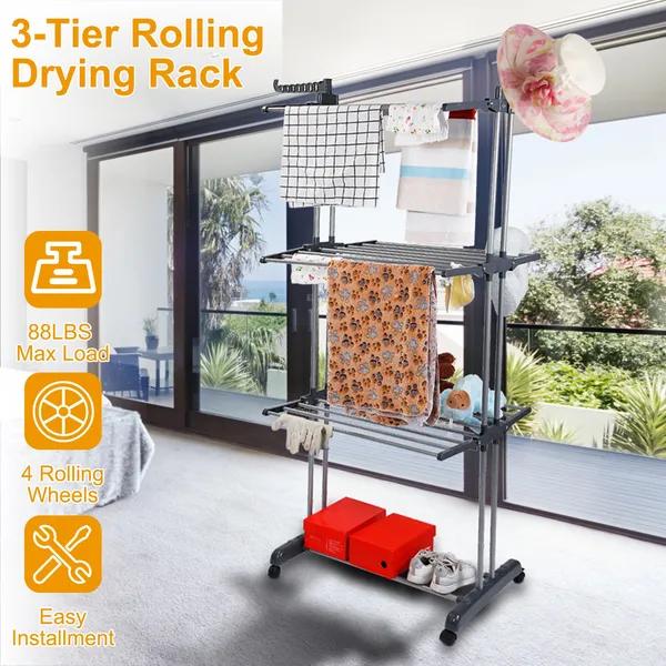 Rolling collapsible clothes drying rack, laundry dryer hanger stand, rail shelf, wardrobe clothing drying racks Foldable Chrome